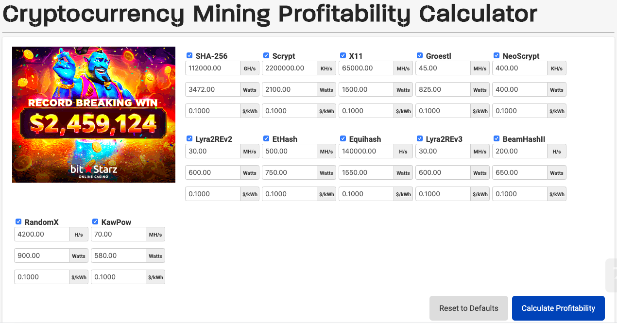 Cryptocurrency Mining Profitability Calculator