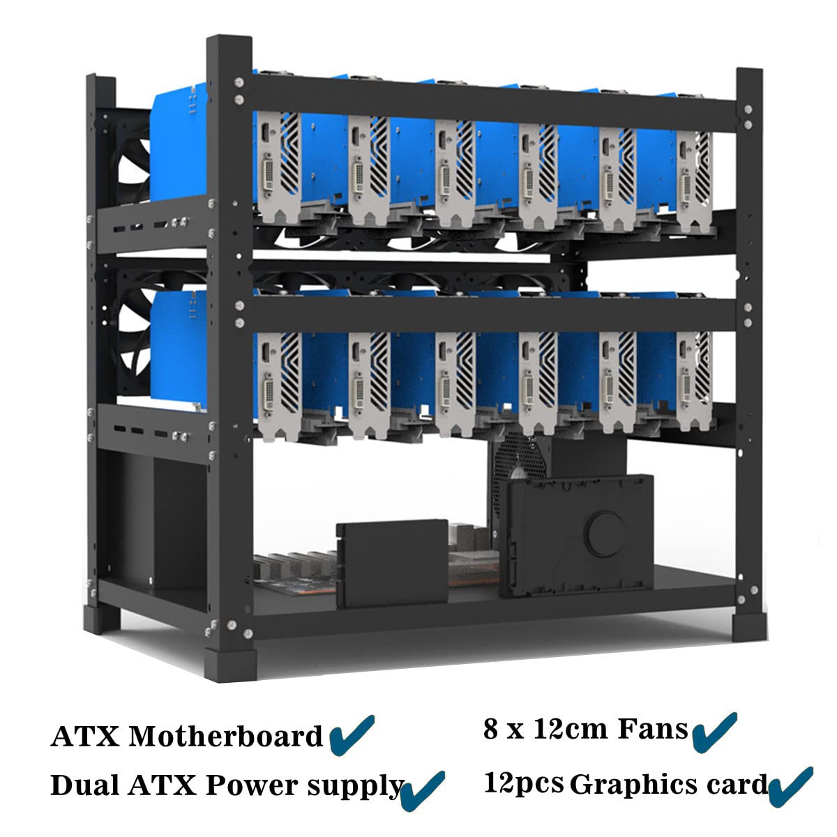 4 Fan 8 GPU Open Frame Mining Rig KIT with Motherboard + CPU + RAM+ SS