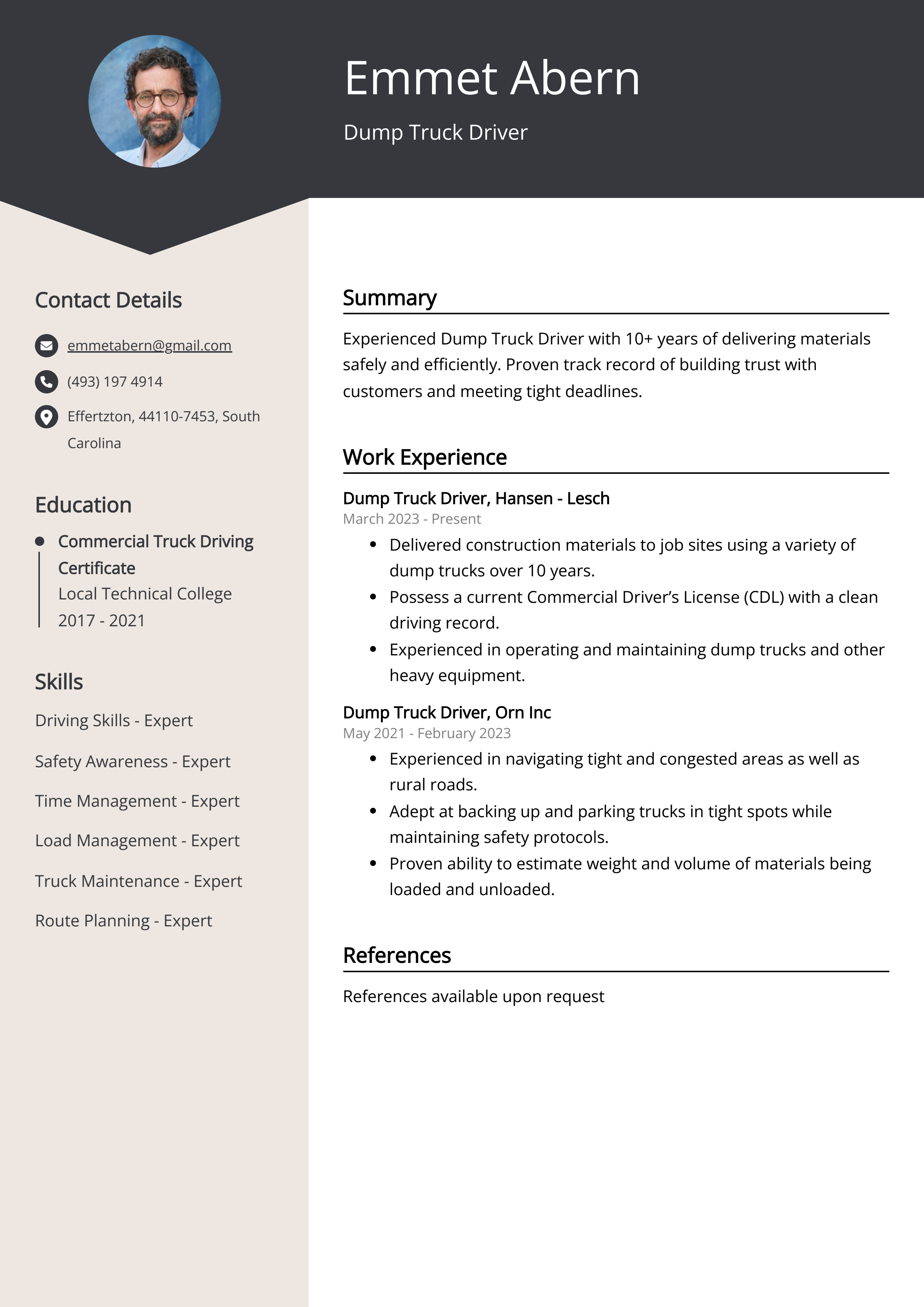 Haul Truck Operator Resume Example