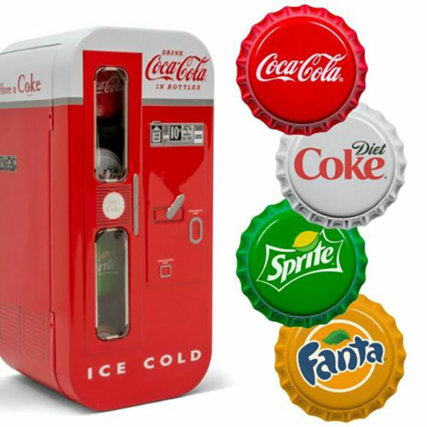 Coca Cola VENDING MACHINE SET Sprite Fanta Bottle 4x 6g silver Cap coin 1$ FIJI