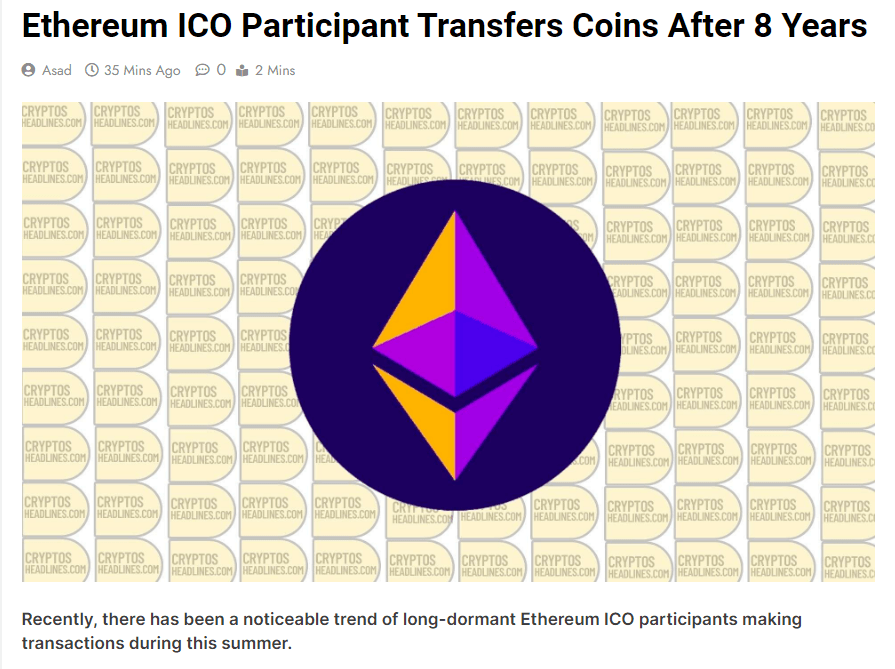 Ethereum ICO Participant Reawakens With ,% Gains 8-Year Holding Period | CoinMarketCap