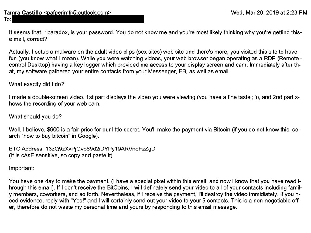 Sextortion Scam: Blackmail scam emails that demand Bitcoin