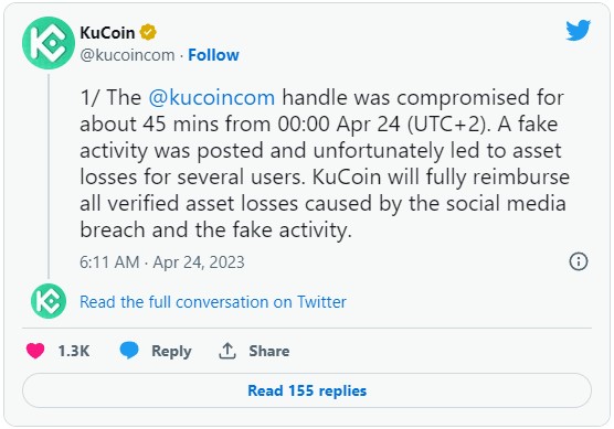 KuCoin Twitter Account Gets Hacked, Crypto Worth Over $22, Stolen