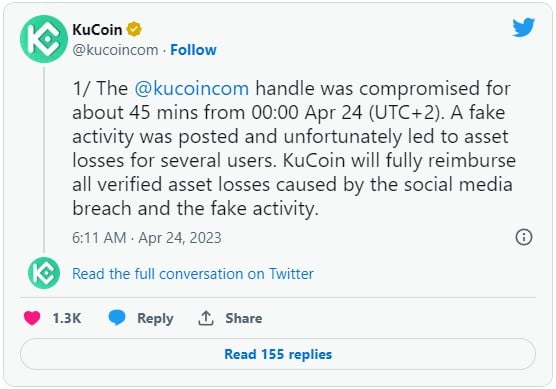 KuCoin Twitter Account Gets Hacked, Crypto Worth Over $22, Stolen