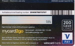 Bank Card: Mycard2go-3 (Wirecard Bank, Germany, Federal RepublicCol:DE-VI