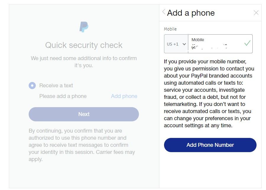 Quick Security Check used an old contact number - PayPal Community