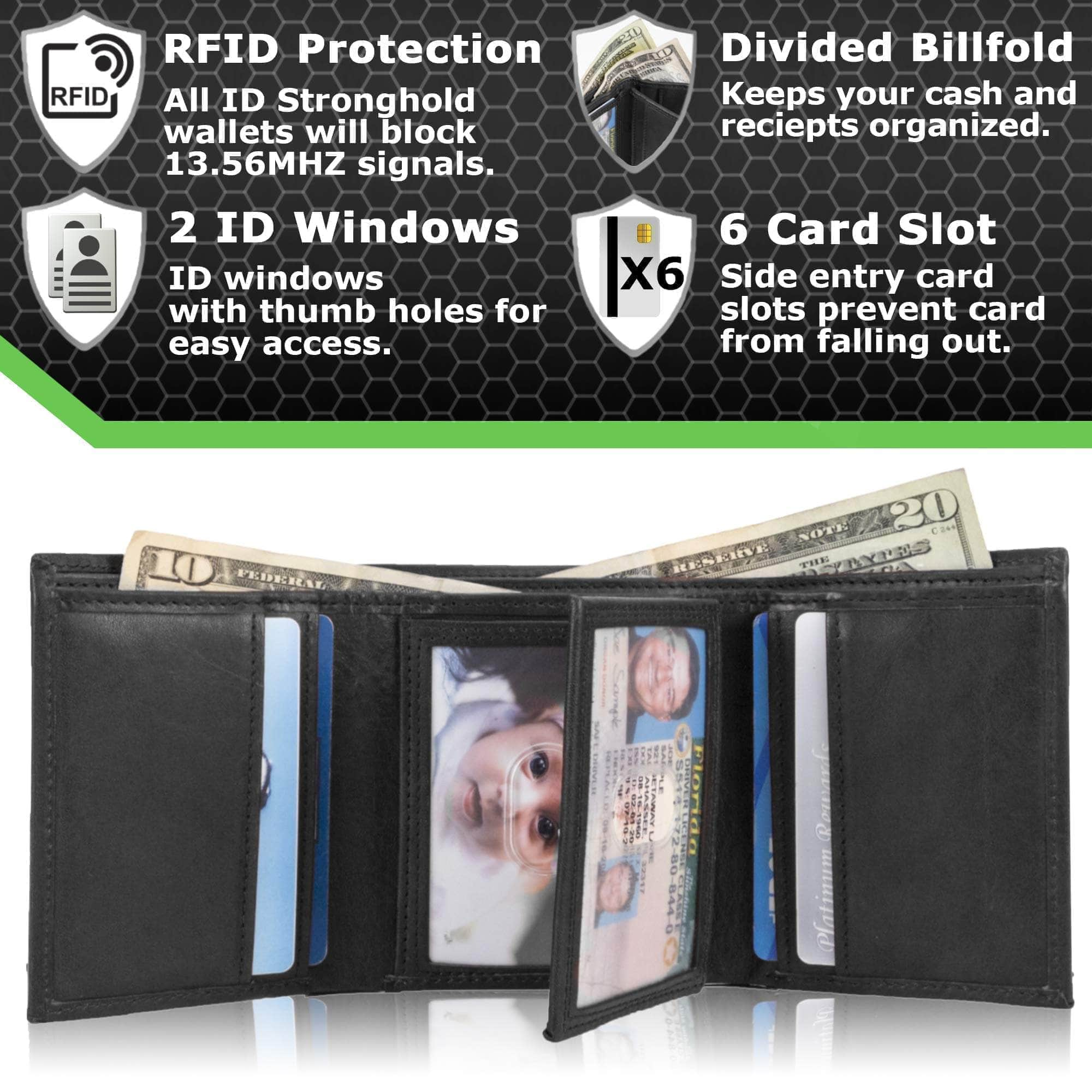 Trifold wallets with ID & credit card pockets.